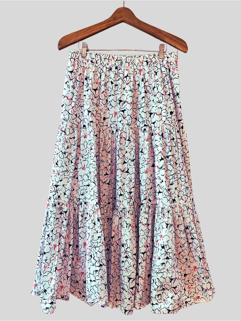 Zara Tiered Floral Maxi Skirt in White with Black & Red Print